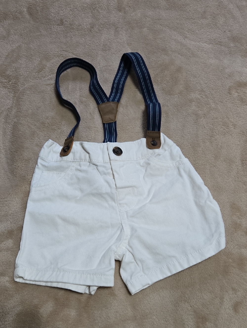 Carter's White Shorts with Navy Blue Striped Suspenders